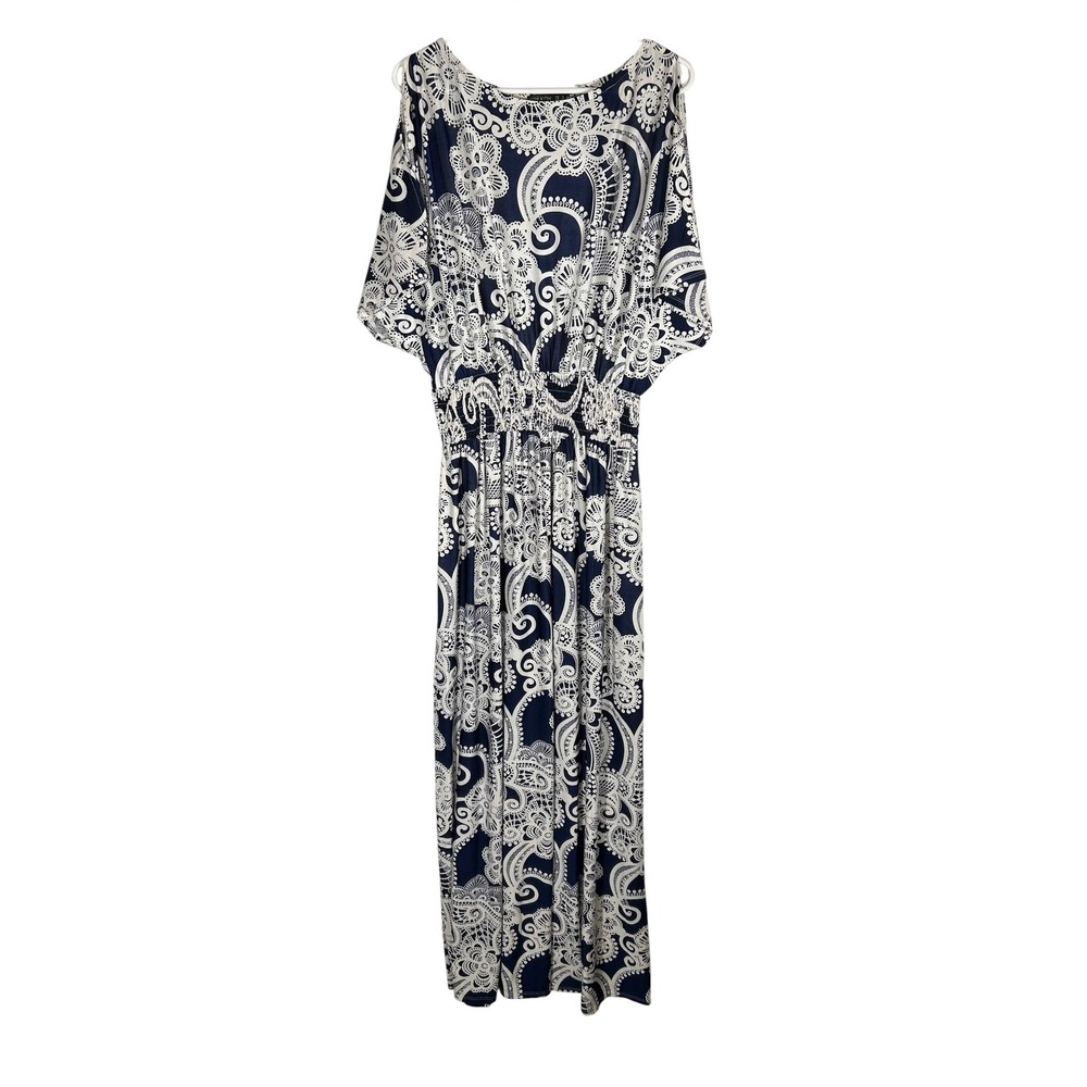 Koh Koh Navy White Paisley Cold Shoulder Smocked Waist Maxi Dress Womens XL